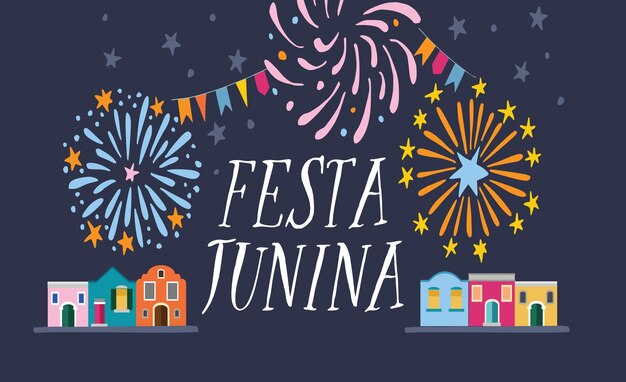 Festa junina Brazilian june party greeting card invitation Sao Joao Latin American holiday Bunting flags lanterns colorful houses and fireworks Vector illustration background flat design