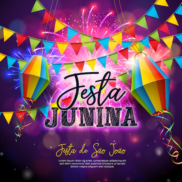 Festa Junina Illustration with Flags and Paper Lantern