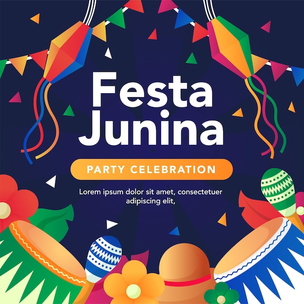 Festa Junina Illustration with musical instruments and paper lanterns for social media post