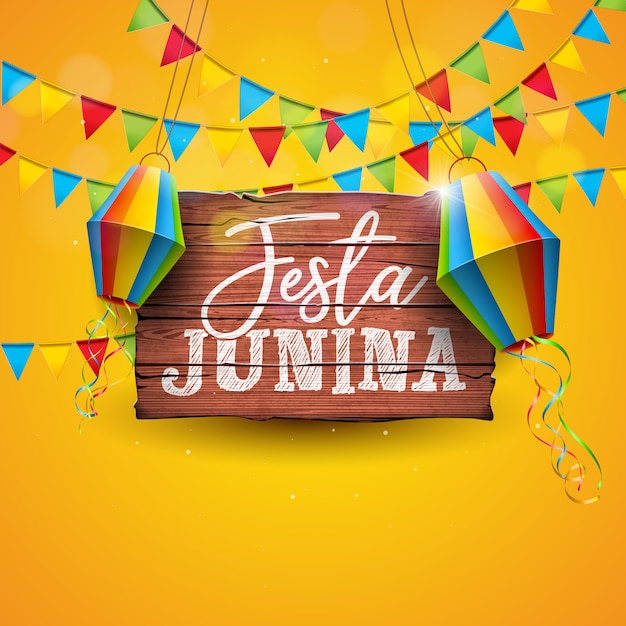 Festa Junina Illustration with Party Flags and Paper Lantern on Yellow Background.