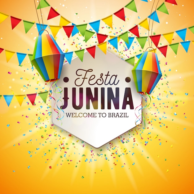 Festa Junina Illustration with Party Flags and Paper Lantern