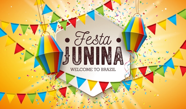 Festa Junina Illustration with Party Flags and Paper Lantern