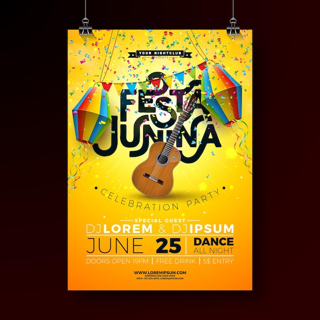 Festa Junina Party Flyer Illustration with Paper Lantern Flags and Acoustic Guitar on Sun Yellow