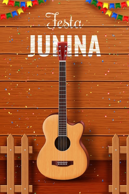 Festa junina post template design with wooden background and guitar illustration