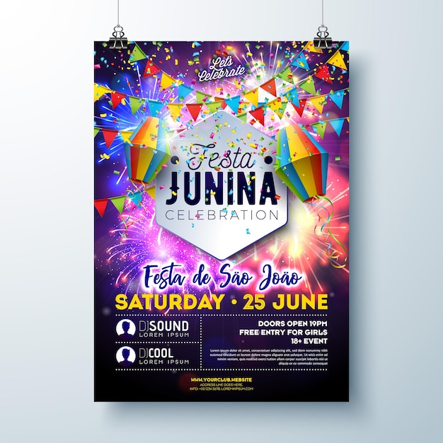 Festa Junina Sao Joao Party Flyer Illustration with Paper Lantern on Firework Background