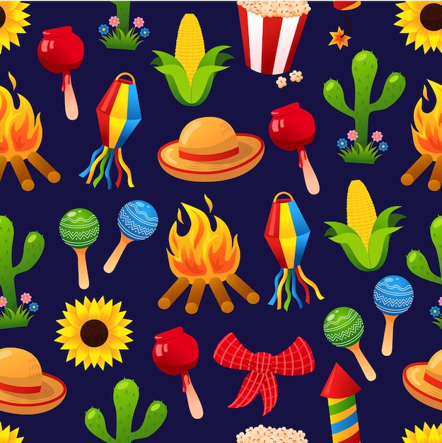 Festa Junina seamless pattern collection of cartoon design of festival food music instruments