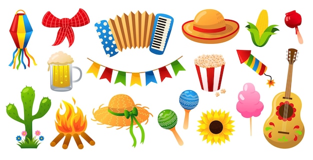 Festa Junina Set of traditional celebration symbols Vector cute illustrations