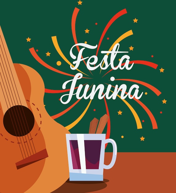 Festa junina with guitar and drink icon over colorful background