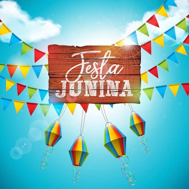 Festa Junina with Party Flags and Paper Lantern on Blue Cloudy Sky Background