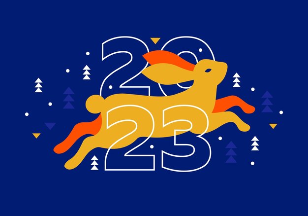 Festival or Chinese New Year 2023 modern art design Chinese zodiac Rabbit symbol Lunar New Year Golden hare runs in winter forest Abstract vector illustration in modern geometric minimalist style