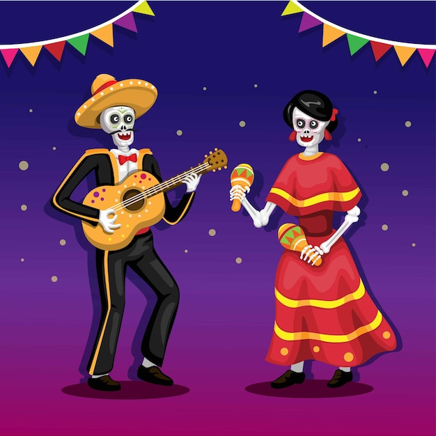 festival of death with couple playing music instrument guitar and maracas. mexico festival vector