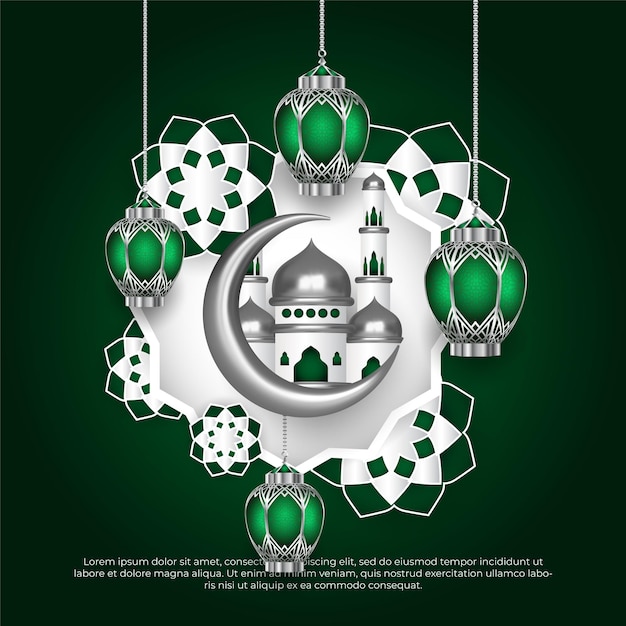 Festival islamic eid al adha greeting with moon mosque and hanging lamps green background