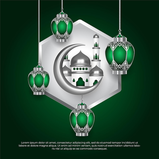 Festival islamic eid al adha greeting with moon mosque and lamps green background