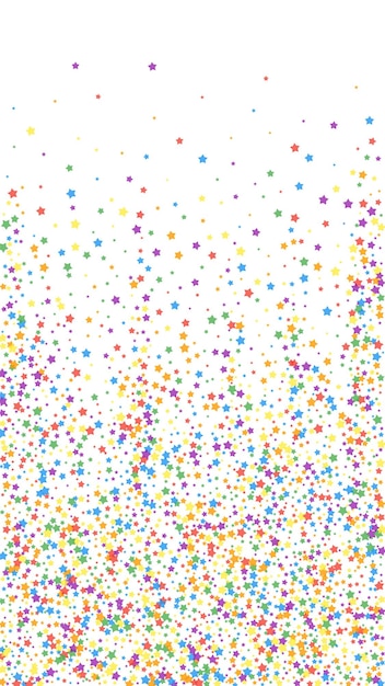 Festive actual confetti. Celebration stars. Rainbow bright stars on white background. Graceful festive overlay template. Vertical vector background.