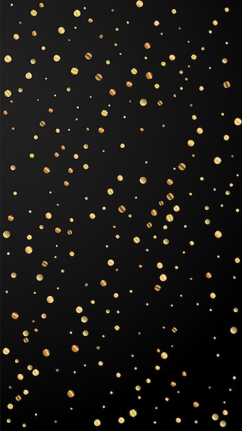 Festive alive confetti. Celebration stars. Sparse gold confetti on black background. Gorgeous festive overlay template. Vertical vector background.