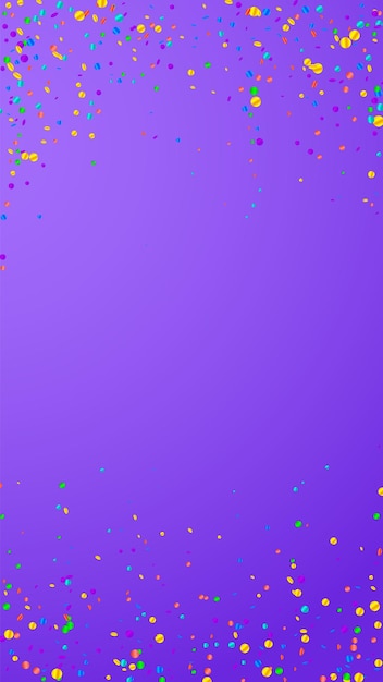 Festive amusing confetti. Celebration stars. Bright confetti on violet background. Good-looking festive overlay template. Vertical vector background.