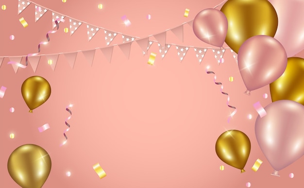 Festive background with pink and gold balloons paper garlands streamer and confetti illustration