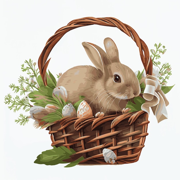 Festive basket with cute rabbit and easter orthodox eggs on a light background Vector