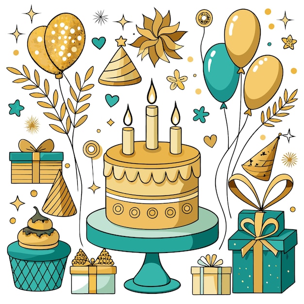 Festive birthday elements with cake balloons and gifts