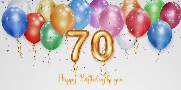 Festive birthday illustration with colored helium balloons big number 70 golden foil balloon flying shiny pieces of serpentine and inscription Happy Birthday on white background