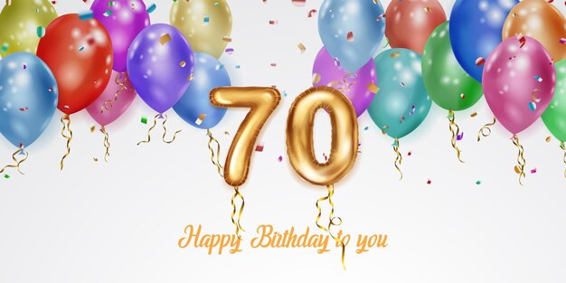 Festive birthday illustration with colored helium balloons big number 70 golden foil balloon flying shiny pieces of serpentine and inscription Happy Birthday on white background