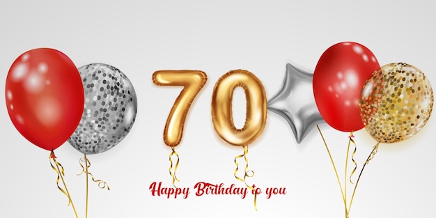 Festive birthday illustration with colored helium balloons big number 70 golden foil balloon and inscription Happy Birthday on white background