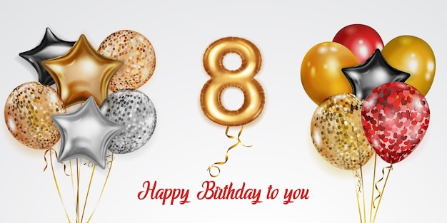 Festive birthday illustration with colored helium balloons big number 8 golden foil balloon and inscription Happy Birthday on white background