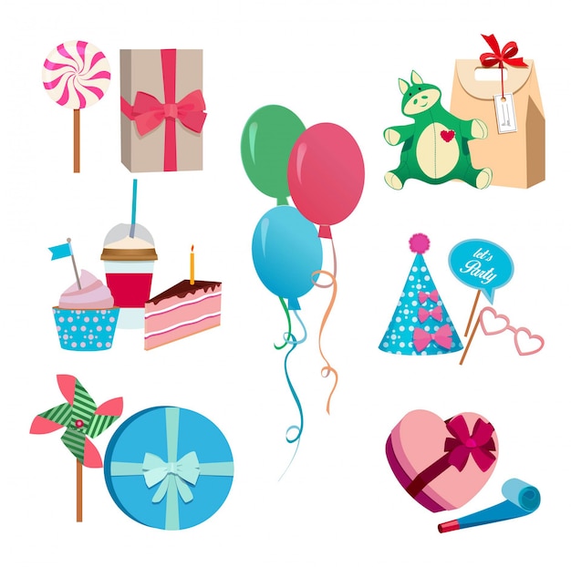 Festive or birthday party different vector elements set. Balloons, hats flags and colored masks. 