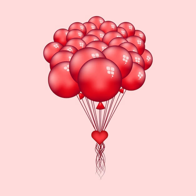 Festive bunch of red fly balloons tied with a heart postcard on pink background for Valentine card Vector illustration