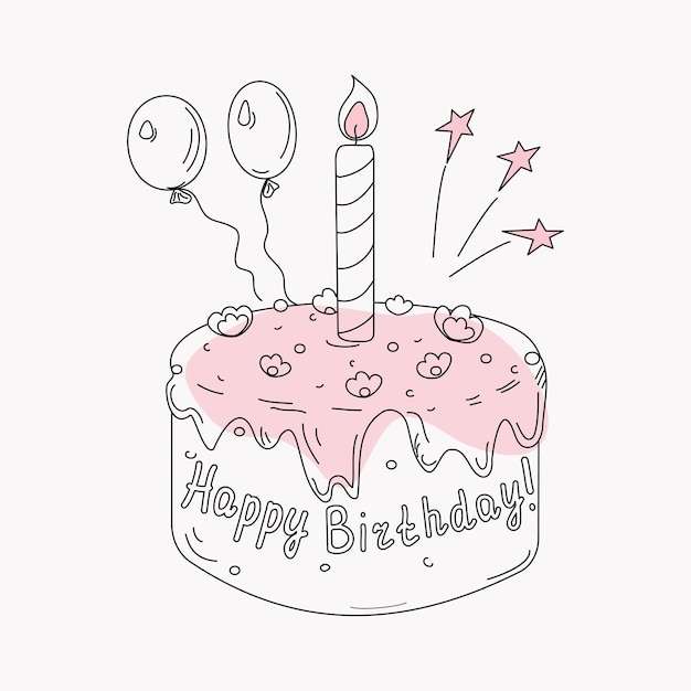 Festive cake with a candle Holiday Birthday Text Vector illustration in Doodle style isolated background