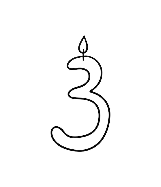 Festive candle burning wax number three doodle linear cartoon coloring