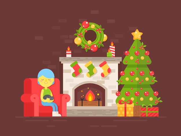 Festive card with Christmas tree, fireplace and character