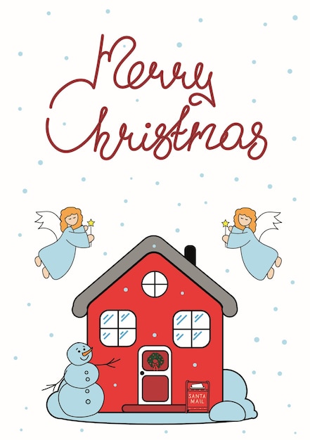 Festive card with a red house and two angels with the inscription Merry Christmas