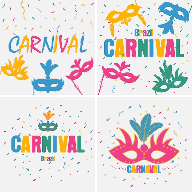 Festive carnaval background set Brazil holiday banner with carnival mask and color confetti