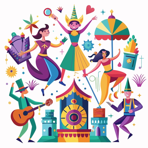 Vector festive celebration with colorful characters musical instruments and whimsical details