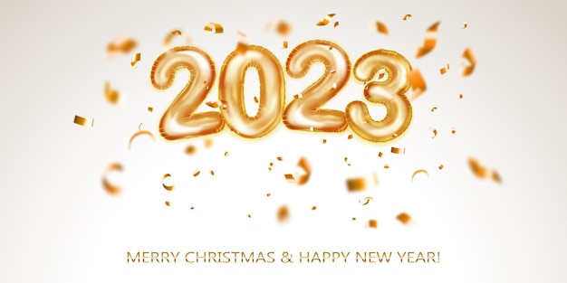 Festive Christmas background with numbers 2023 of golden foil balloons and shiny pieces of serpentine Vector illustration for posters flyers or cards