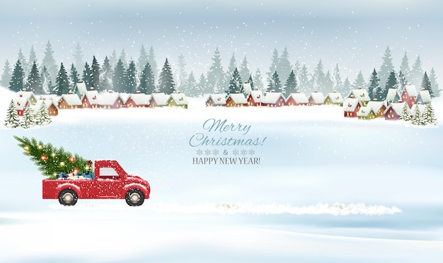 Festive Christmas background with a winter village snowcovered fir trees and a red car is driving a Christmas tree for a holiday Winter illustration banner card