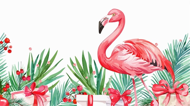 Vector festive christmas card with adorable flamingo on white background