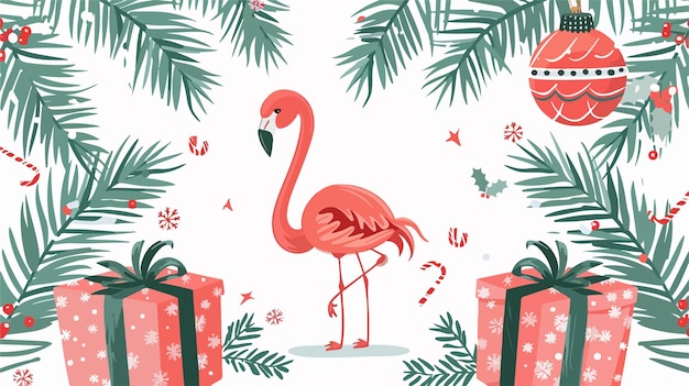 Vector festive christmas card with adorable flamingo on white background