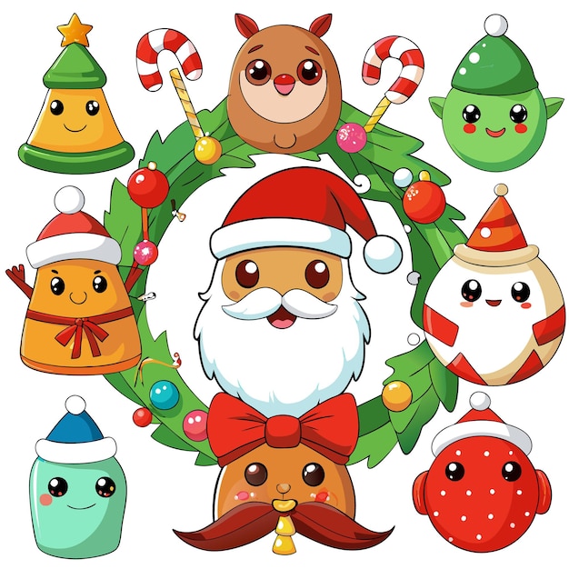 Festive Christmas characters including Santa Claus reindeer snowman and Christmas tree arranged in a wreath