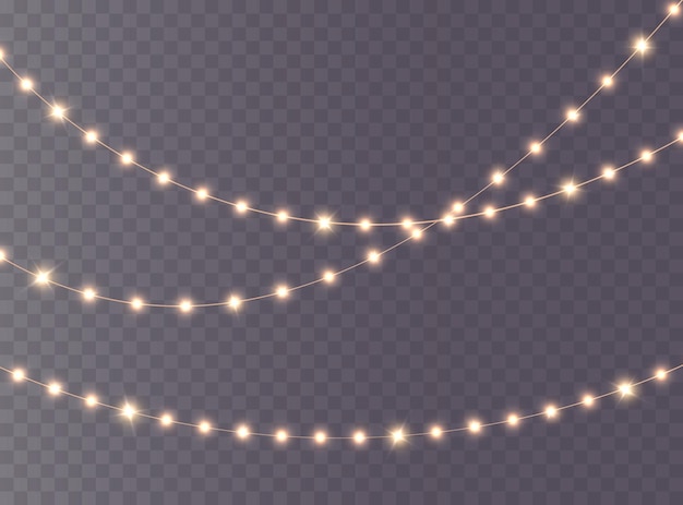 Festive Christmas light gold garlands PNG. Decor element for postcards, invitations, backgrounds.