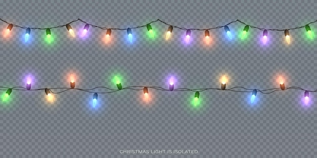 Festive Christmas light multicolored garlands PNG. Decor element for postcards, invitations.