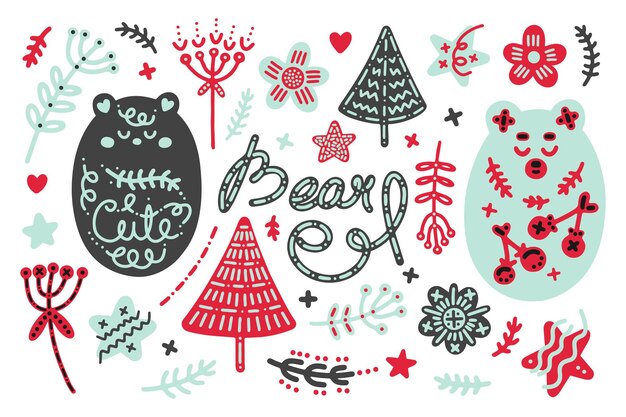 Festive Christmas scandinavian folk vector set Cartoon bears for cards posters prints textiles