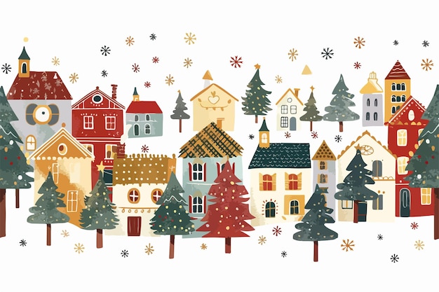 Festive Christmas Village Pattern Clipart Isolated on White Background