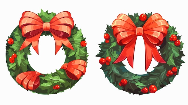 Festive Christmas Wreath with Red Bow Cartoon Vector Illustration