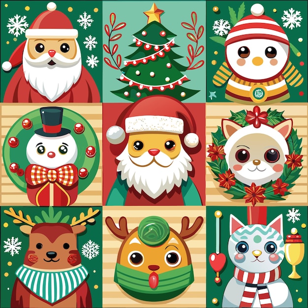 A festive collage of Christmas characters including Santa a snowman reindeer and a cat