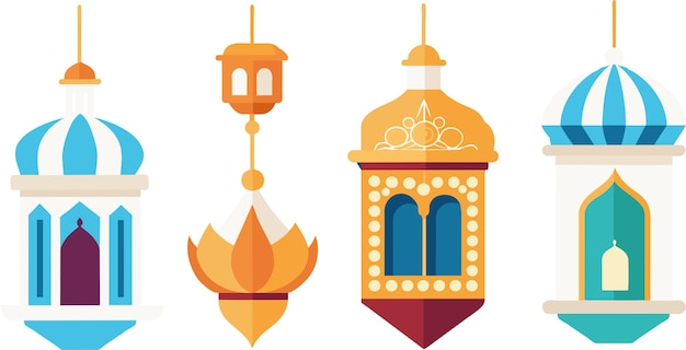 Festive Collection of 4 Arabic Ramadan Lanterns Vector Ornate Decor Elements for Eid Celebration