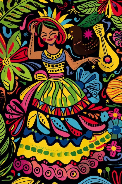 Vector festive colombian folk dance illustration in lush tropical setting