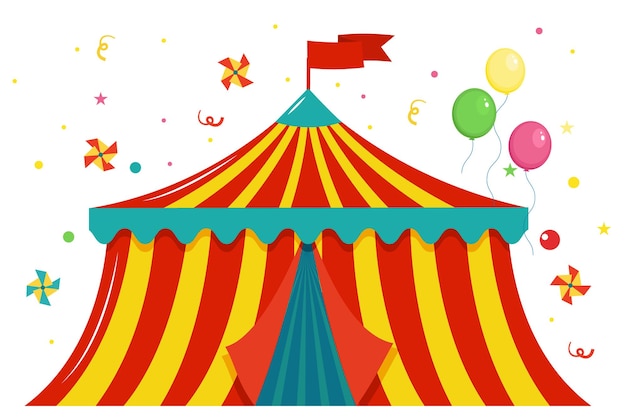 Festive colored circus tent with a flag and balloons