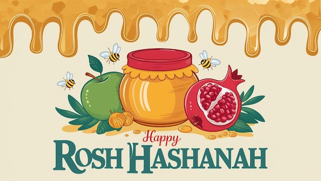 Festive and colorful illustration celebrating Rosh Hashanah